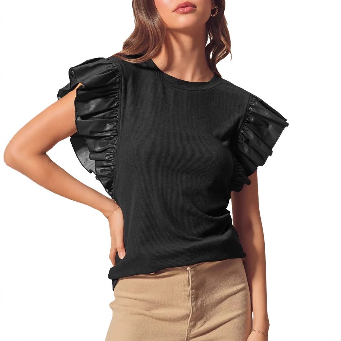 Pullover Women's Mesh Stitching Ruffle Cotton Short Sleeve Solid Color T-shirt