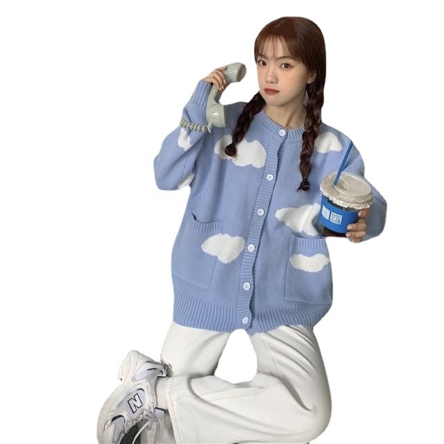 Cute Blue Cloud Autumn And Winter Loose All-matching Cardigan Sweater Coat