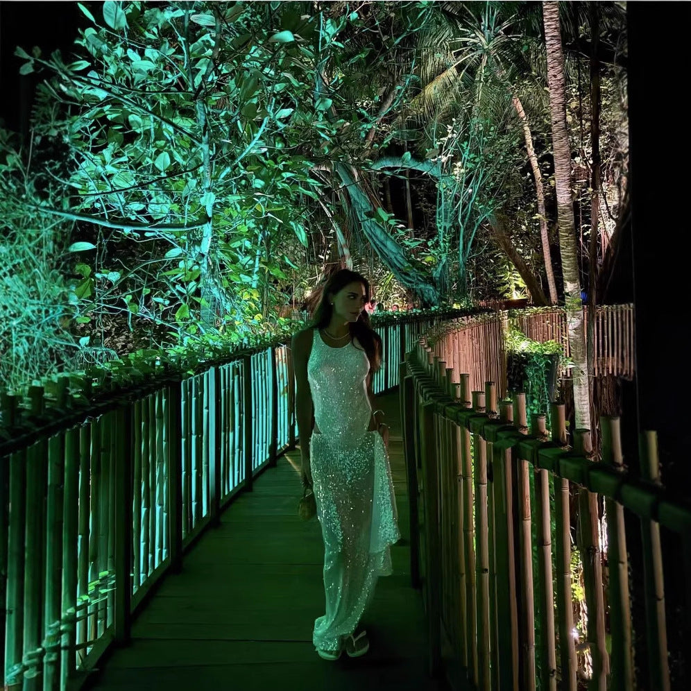 Spring And Summer Fashion Sequin Sleeveless Split Midriff Outfit Two-way Jumpsuit Skirt