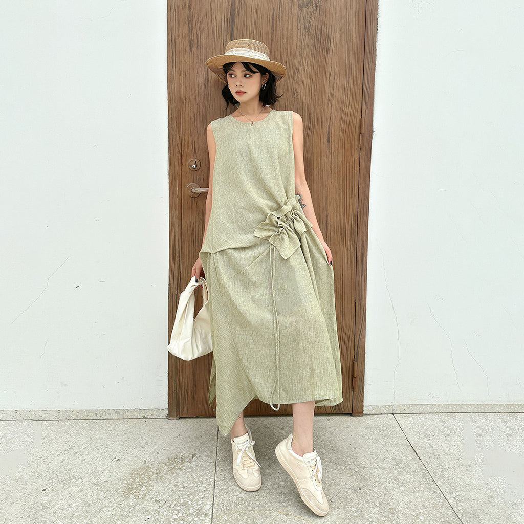 Women's Retro Crew Neck Patchwork Ruffled Drawstring Sleeveless Dress