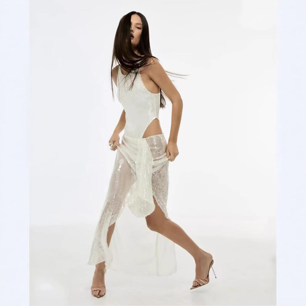 Spring And Summer Fashion Sequin Sleeveless Split Midriff Outfit Two-way Jumpsuit Skirt