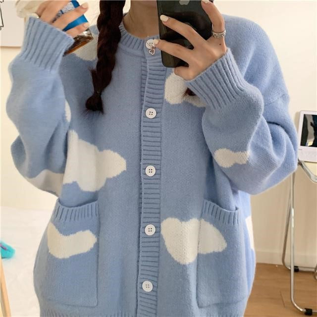 Cute Blue Cloud Autumn And Winter Loose All-matching Cardigan Sweater Coat