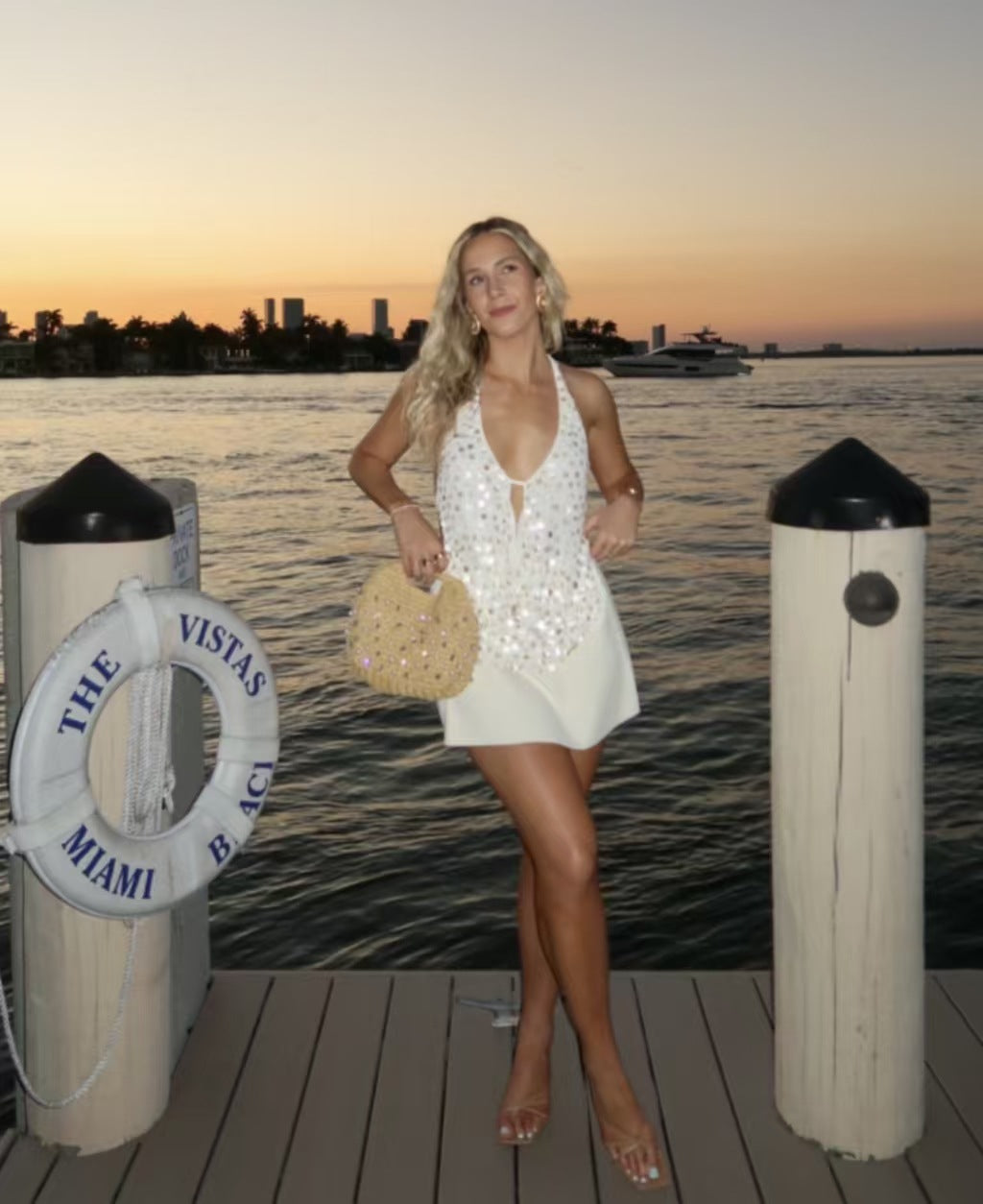 Deep V Sequins Halter Spaghetti Straps Backless Vacation Style