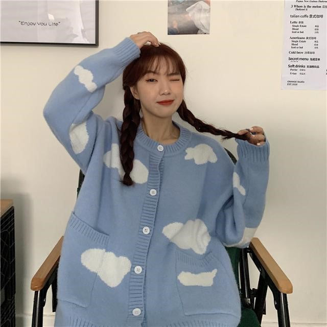 Cute Blue Cloud Autumn And Winter Loose All-matching Cardigan Sweater Coat