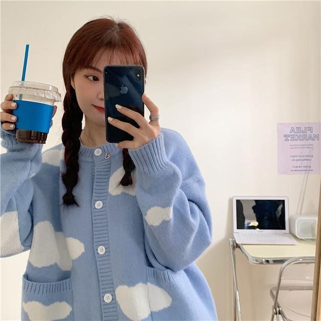 Cute Blue Cloud Autumn And Winter Loose All-matching Cardigan Sweater Coat