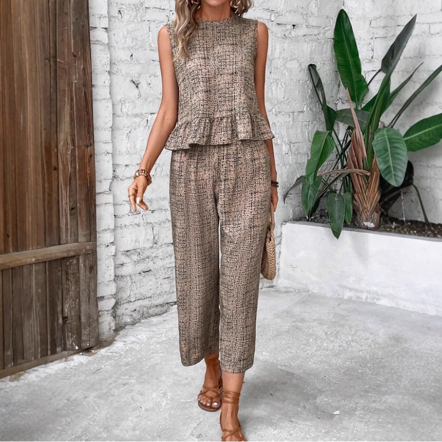 Female Spring And Summer Print Straight-leg Pants Suit