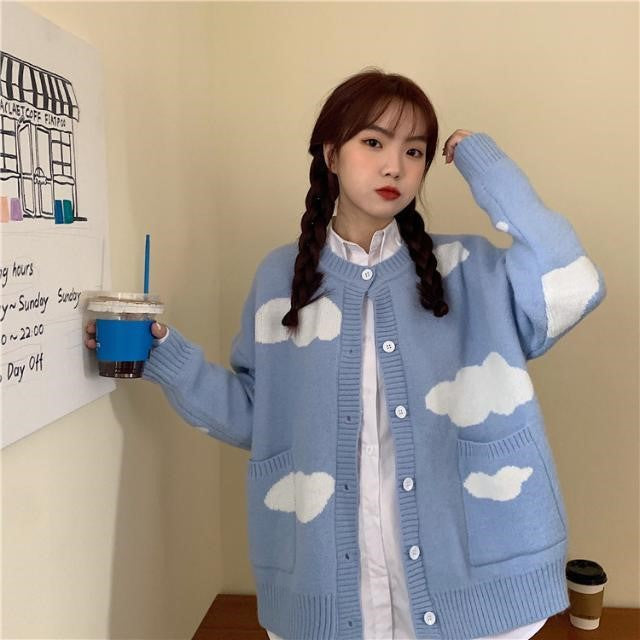 Cute Blue Cloud Autumn And Winter Loose All-matching Cardigan Sweater Coat