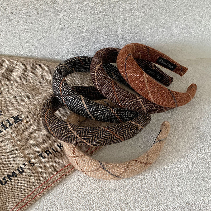 Korean Style Autumn And Winter Woolen High Skull Top Headband Wide Edge Plaid