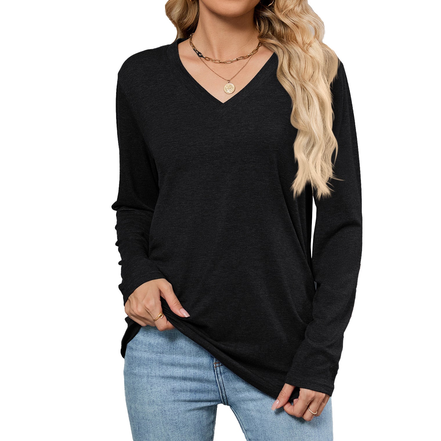 Leisure Pullover V-neck Solid Color Loose Long Sleeves T-shirt Top