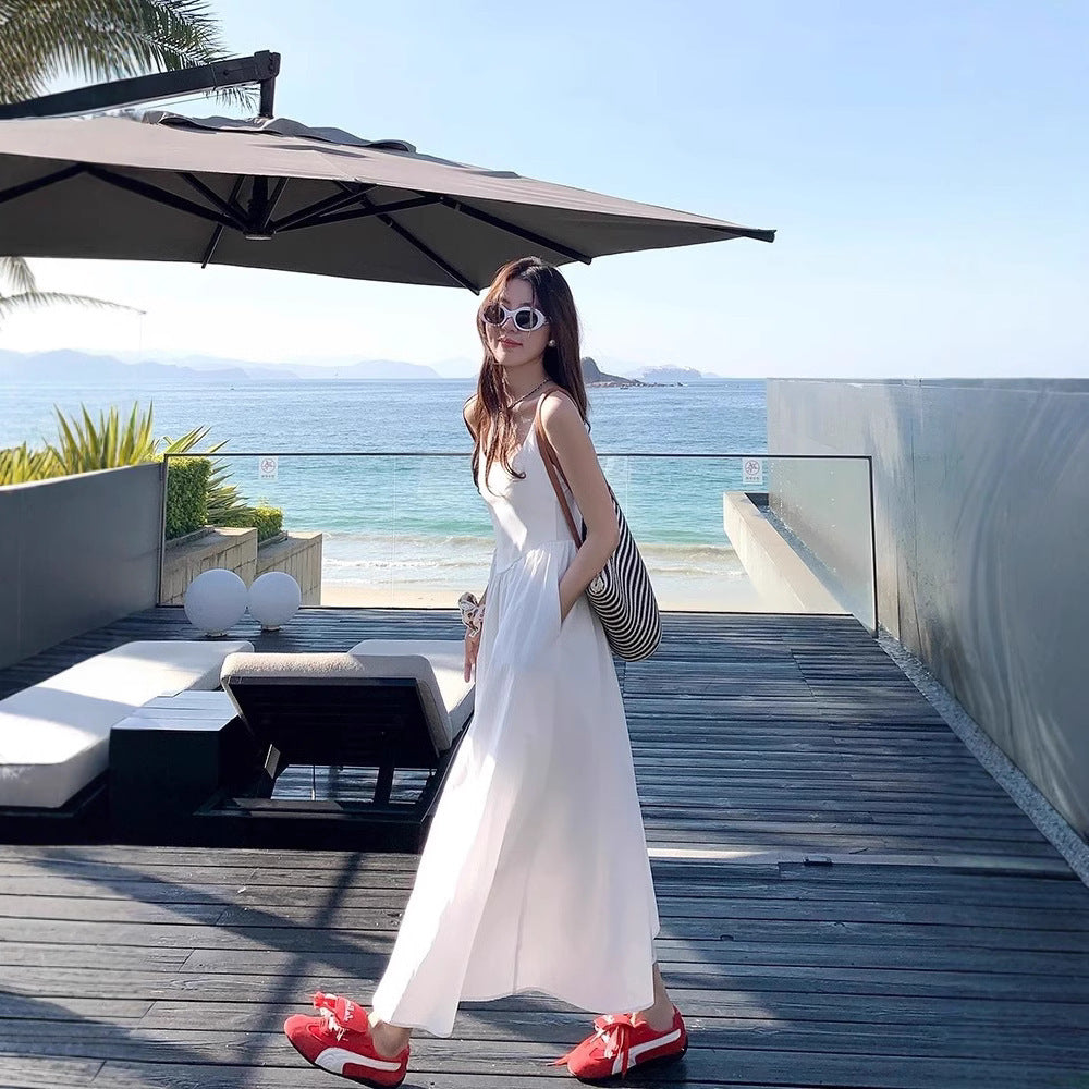 Korean Gentle Waist Trimming Spaghetti Straps Vacation Style Sweet Slimming Dress