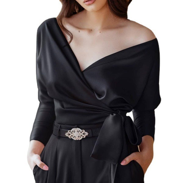 European And American Womens V Neck Solid Color Lace Up Blouse