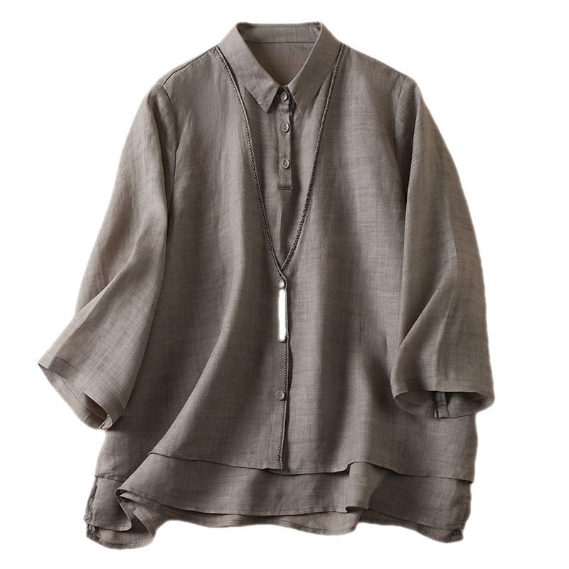 Women's Artistic Retro Fake Two-piece Cotton And Linen Half Sleeves Shirt