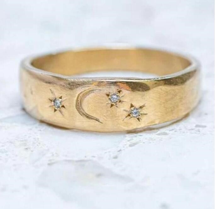 Simple Star And Moon Inlaid Gemstone Open Adjustable Ring