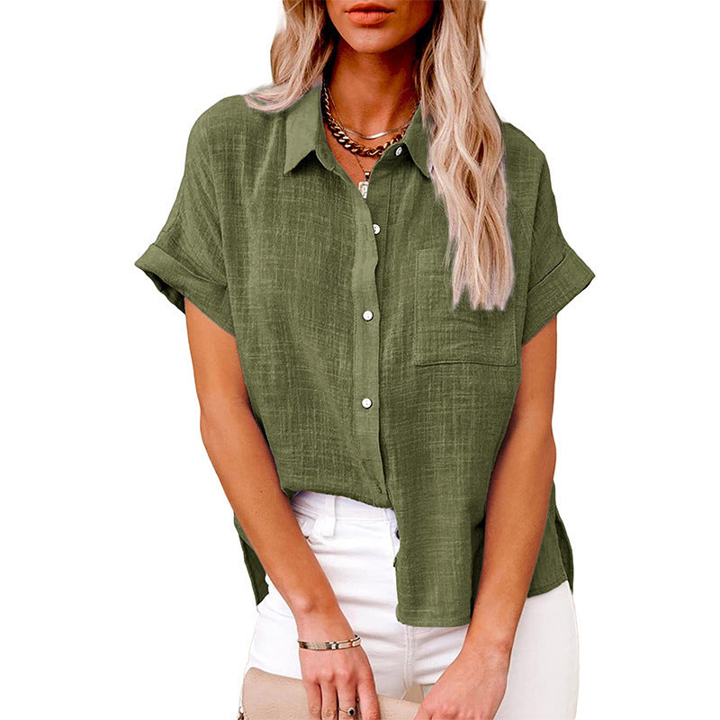 Summer Lapel Short Sleeve Shirt With Pockets Fashion Casual Solid Color Button Tops Women's Clothing