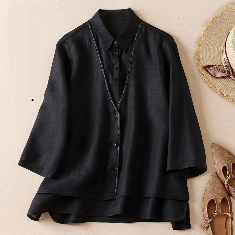 Women's Artistic Retro Fake Two-piece Cotton And Linen Half Sleeves Shirt