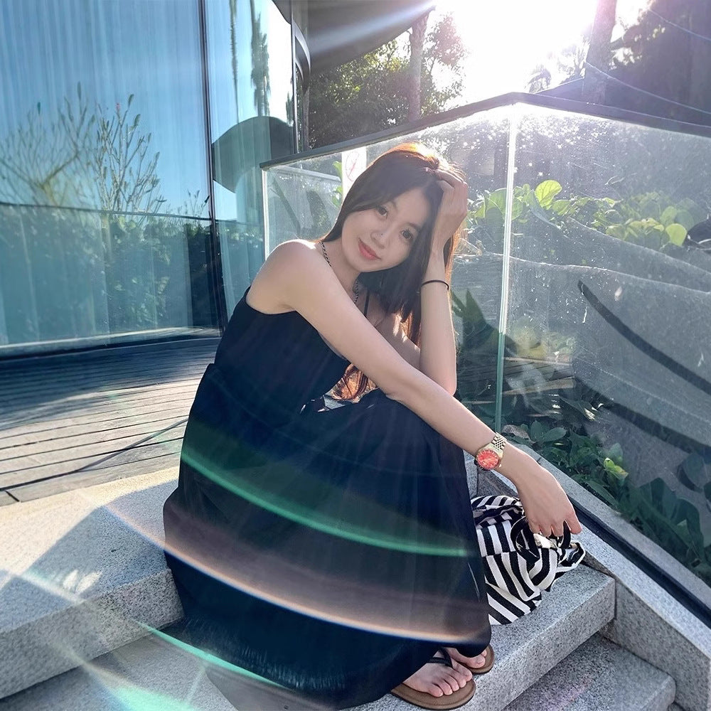 Korean Gentle Waist Trimming Spaghetti Straps Vacation Style Sweet Slimming Dress