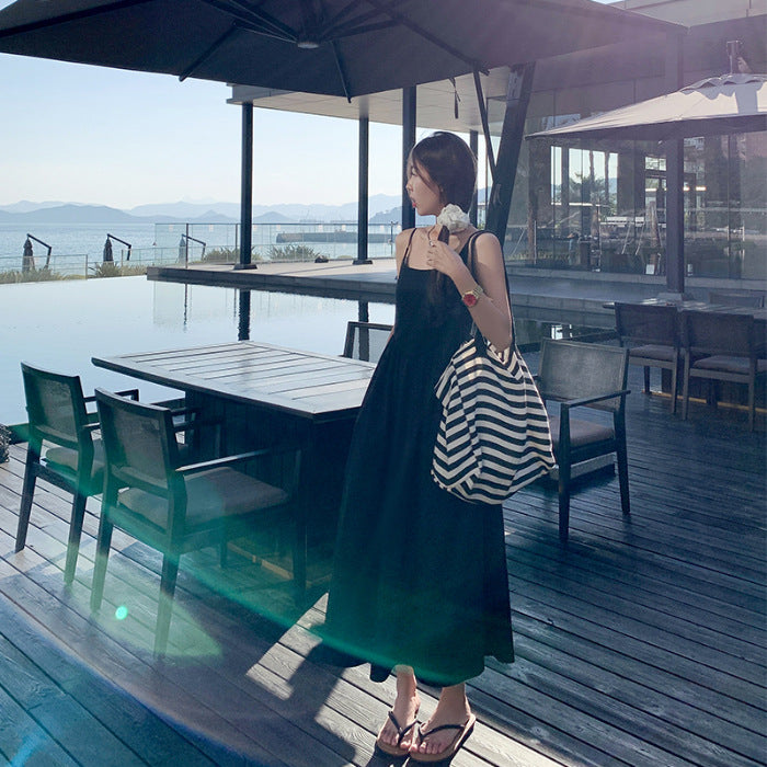 Korean Gentle Waist Trimming Spaghetti Straps Vacation Style Sweet Slimming Dress