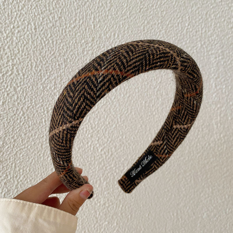 Korean Style Autumn And Winter Woolen High Skull Top Headband Wide Edge Plaid