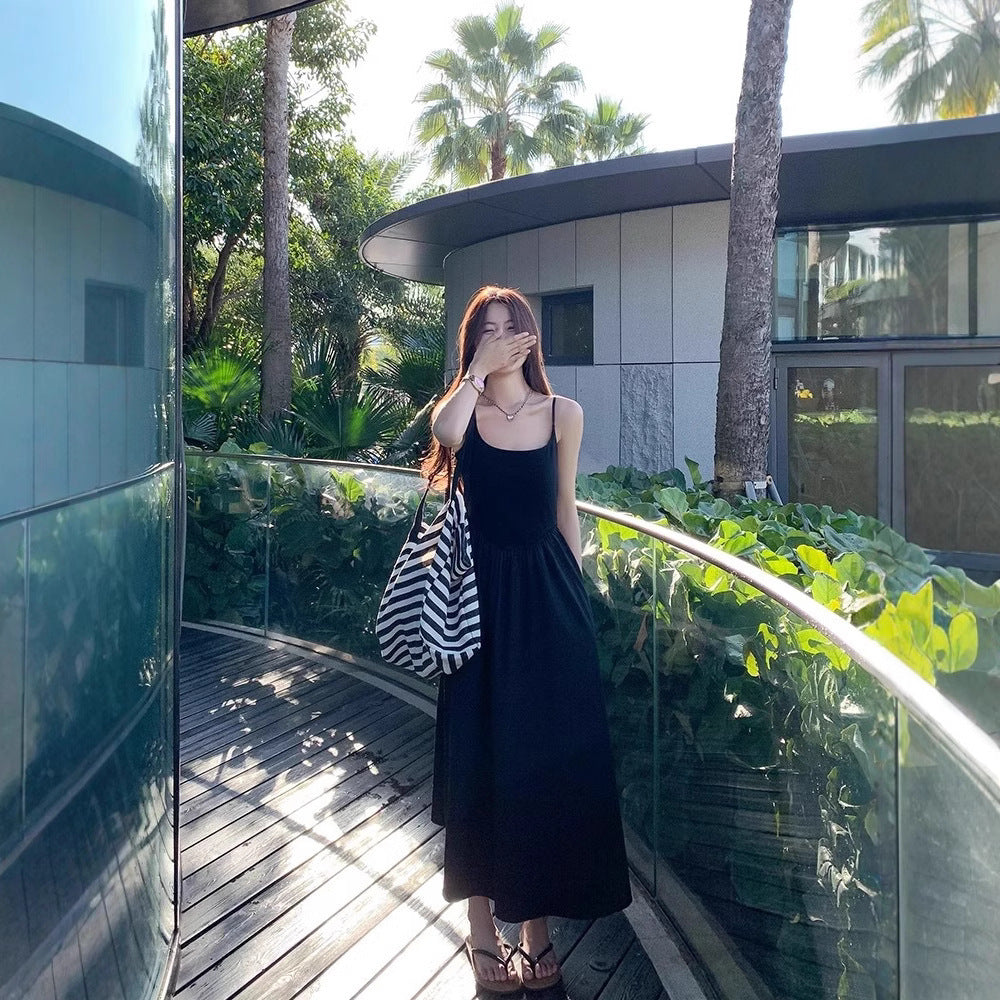 Korean Gentle Waist Trimming Spaghetti Straps Vacation Style Sweet Slimming Dress