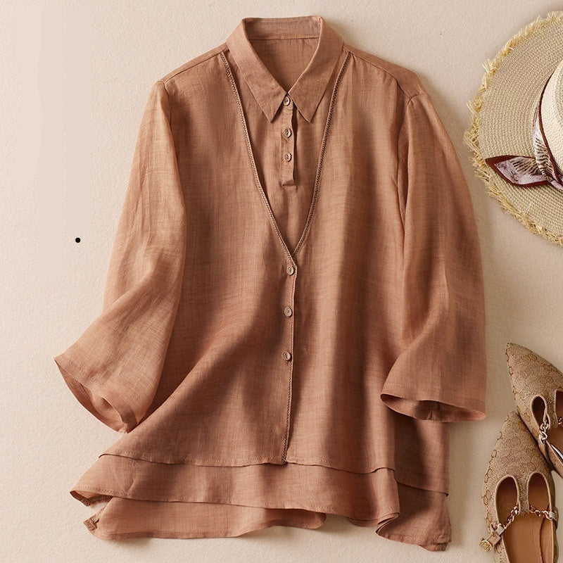 Women's Artistic Retro Fake Two-piece Cotton And Linen Half Sleeves Shirt