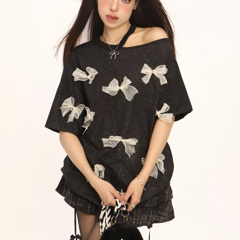 Three-dimensional Bow Off-the-shoulder Short Sleeve Summer Sweet Cool