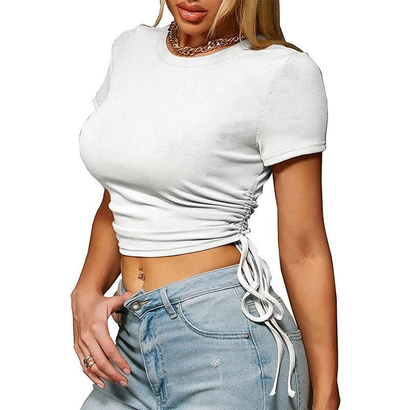 Fashion Women's Wear Summer Midriff-baring Top Round Neck Short Sleeve