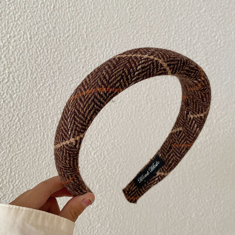 Korean Style Autumn And Winter Woolen High Skull Top Headband Wide Edge Plaid