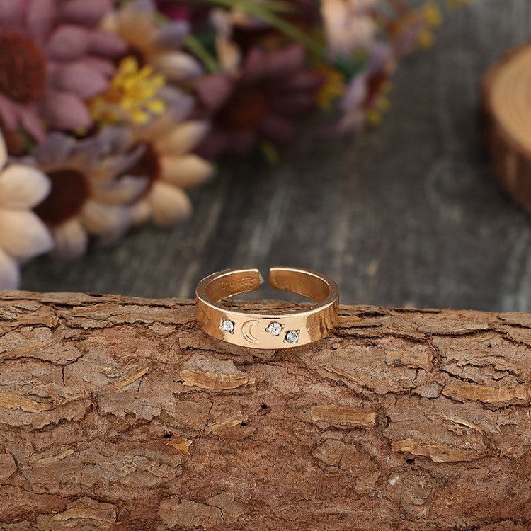 Simple Star And Moon Inlaid Gemstone Open Adjustable Ring