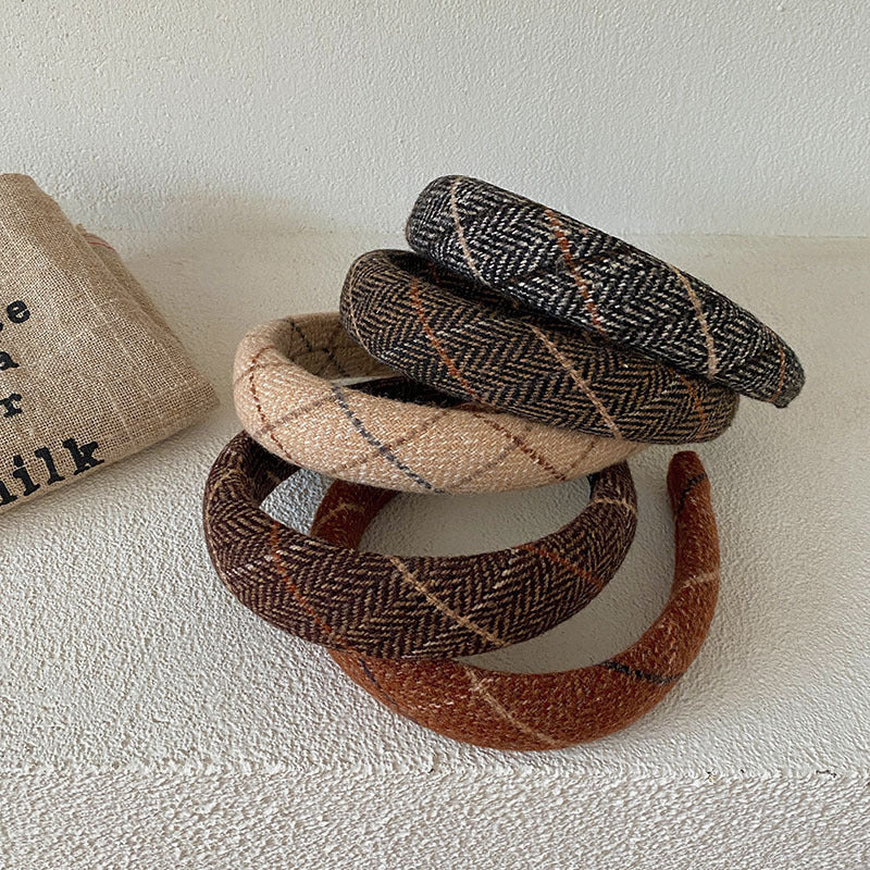 Korean Style Autumn And Winter Woolen High Skull Top Headband Wide Edge Plaid