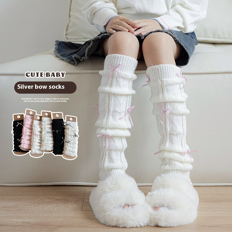 Children's Foot Sock Female Autumn And Winter Bow Pile Style Leg Warmer