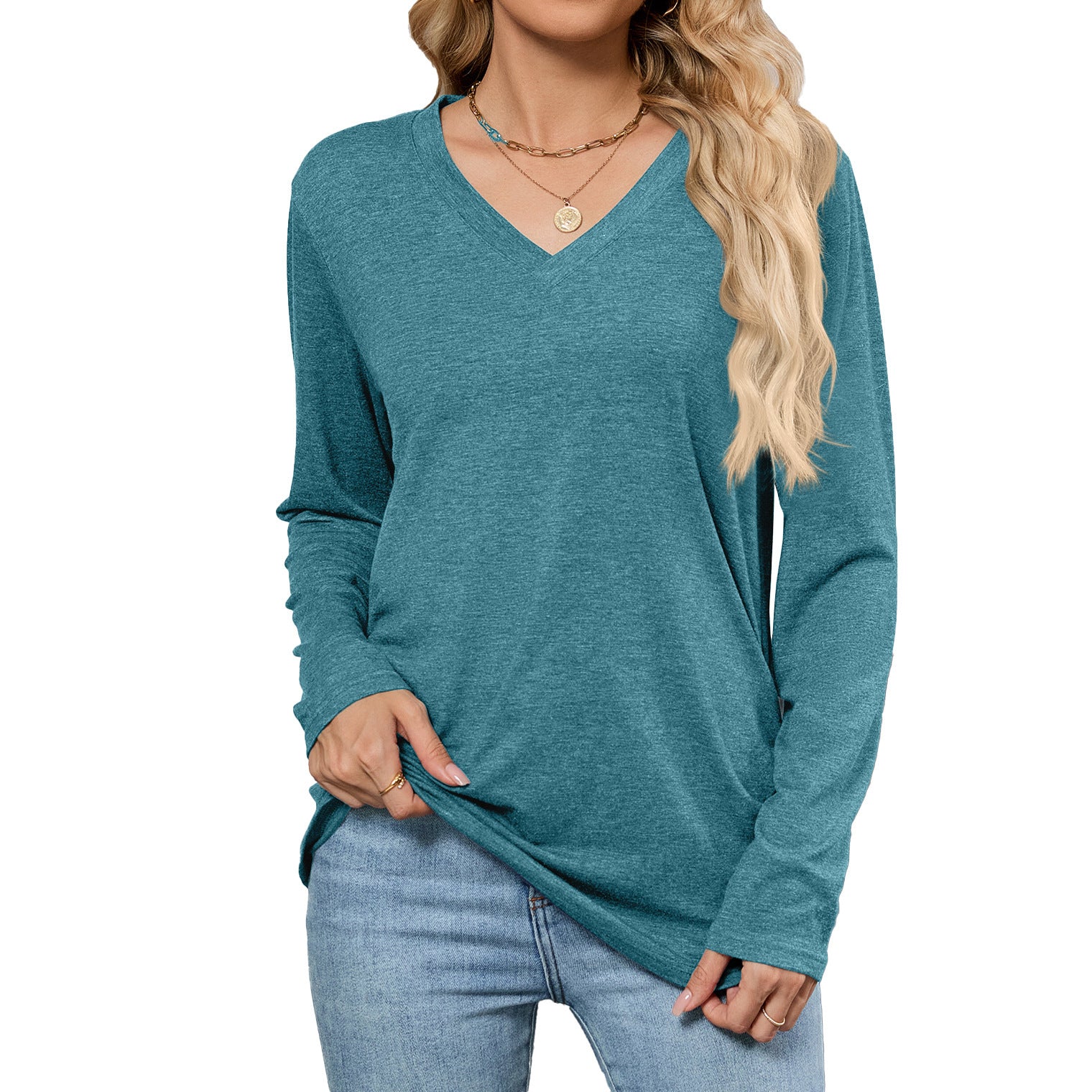 Leisure Pullover V-neck Solid Color Loose Long Sleeves T-shirt Top